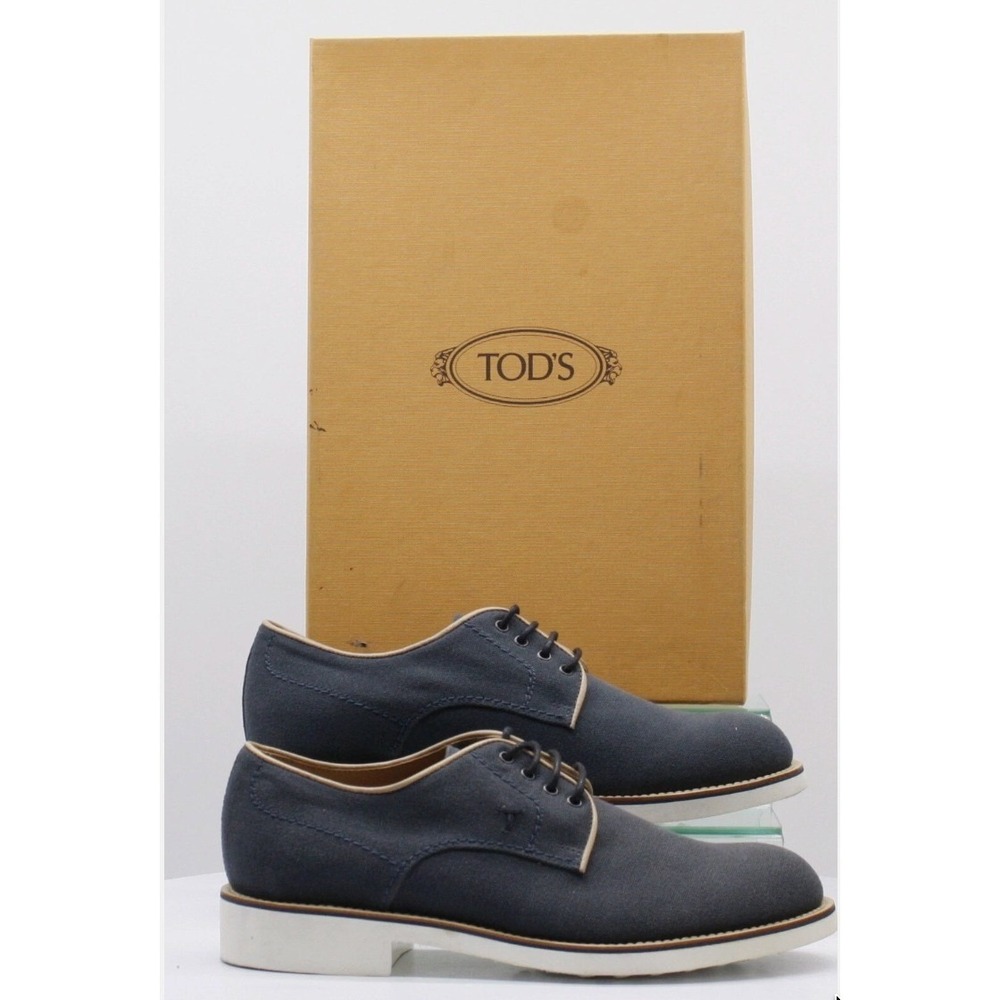 Tod's Navy Blue Canvas Lace Up Derby Oxford Mens‎ 7.5 White Rubber Sole Italy